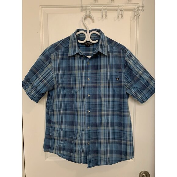 Marmot Blue Plaid Short Sleeve Button Up Shirt Men’s Medium Organic Cotton - Picture 1 of 10